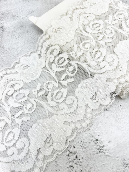 White Floral Stretch Lace Trim  Wide Lace Trim Remnant Stretchy Lace 5.75 inches width x 5 yards SLT00331